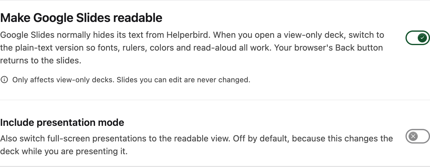 Readable Google Slides settings with a separate Include presentation mode switch