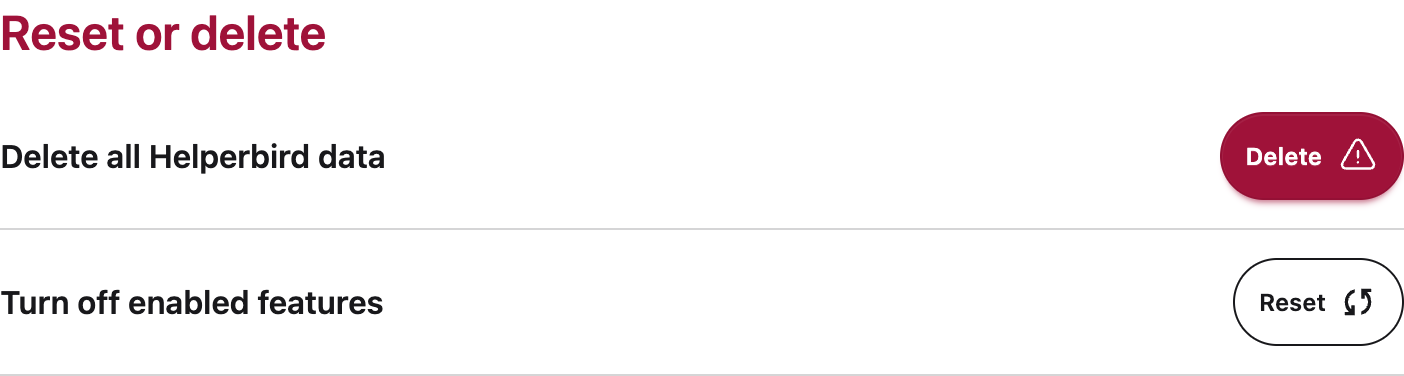 Separate controls to delete all Helperbird data or turn off enabled features