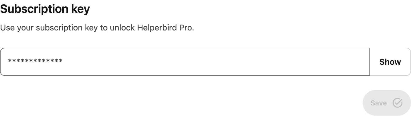 Subscription key entry with Show and Save controls