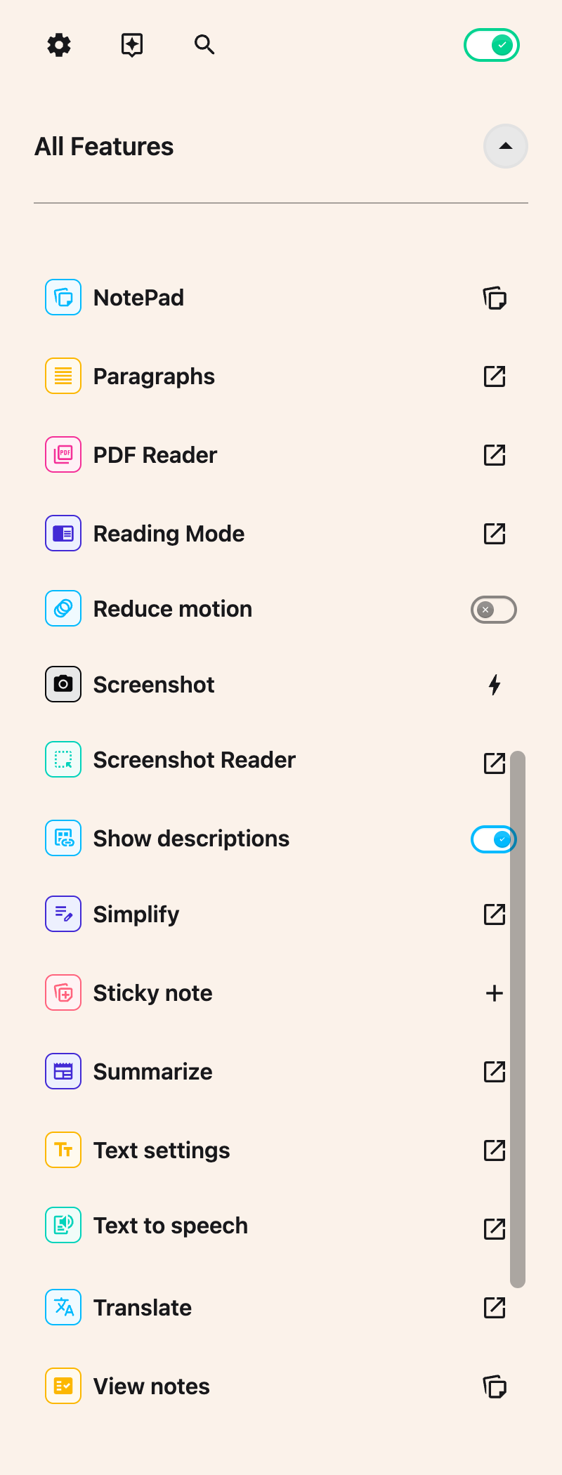 Show descriptions enabled in All Features