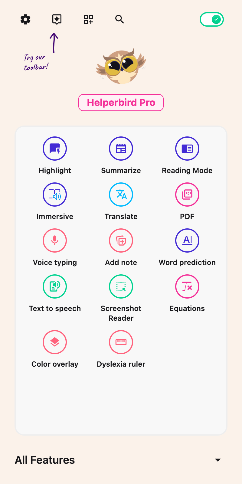 Helperbird open with the Settings control at the top left