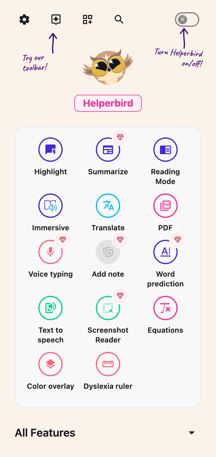 Helperbird side panel with quick actions and All Features below them