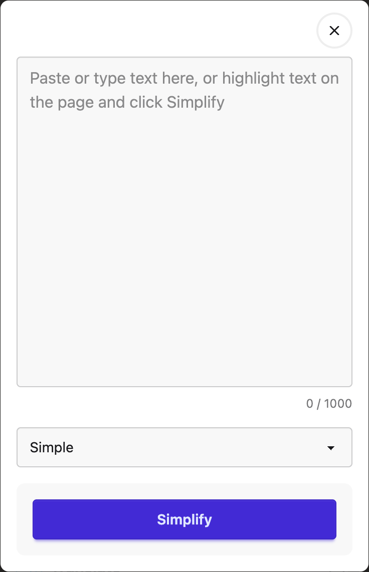 Simplify with a text box, reading-level choice and Simplify button