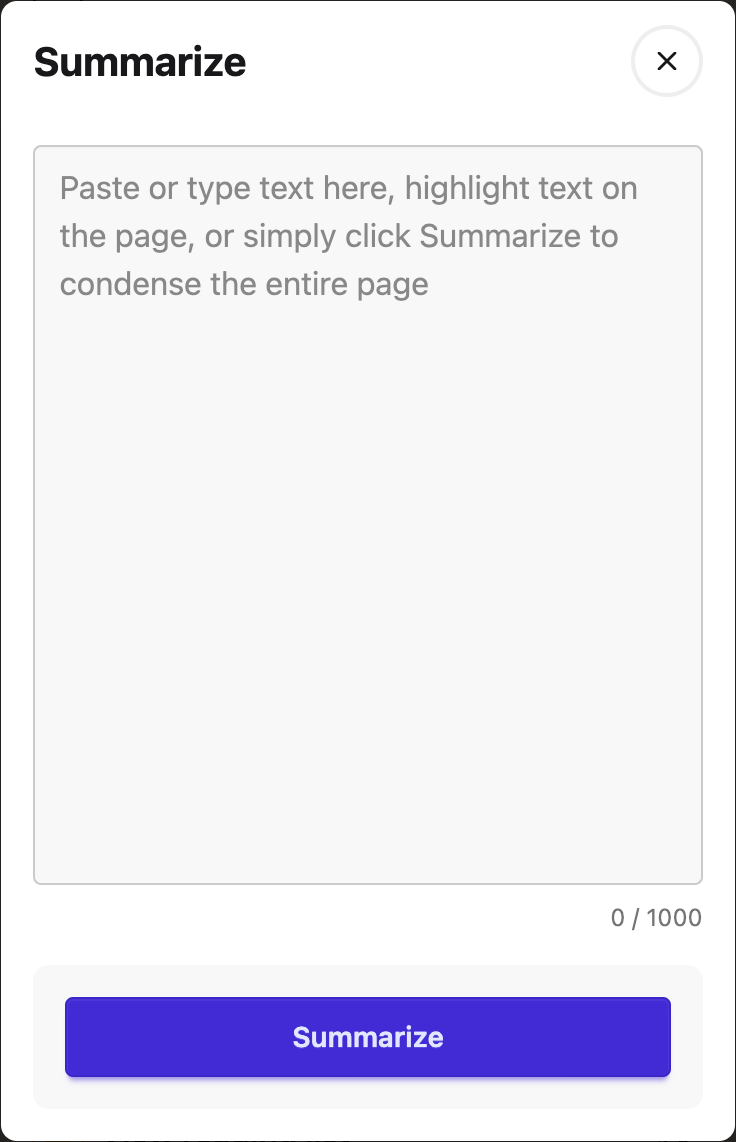 Summarize with a text box and Summarize button