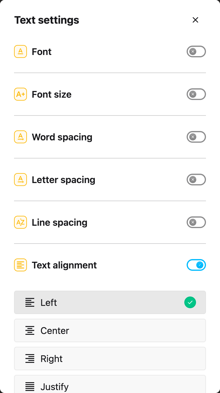 Text settings with Text alignment enabled