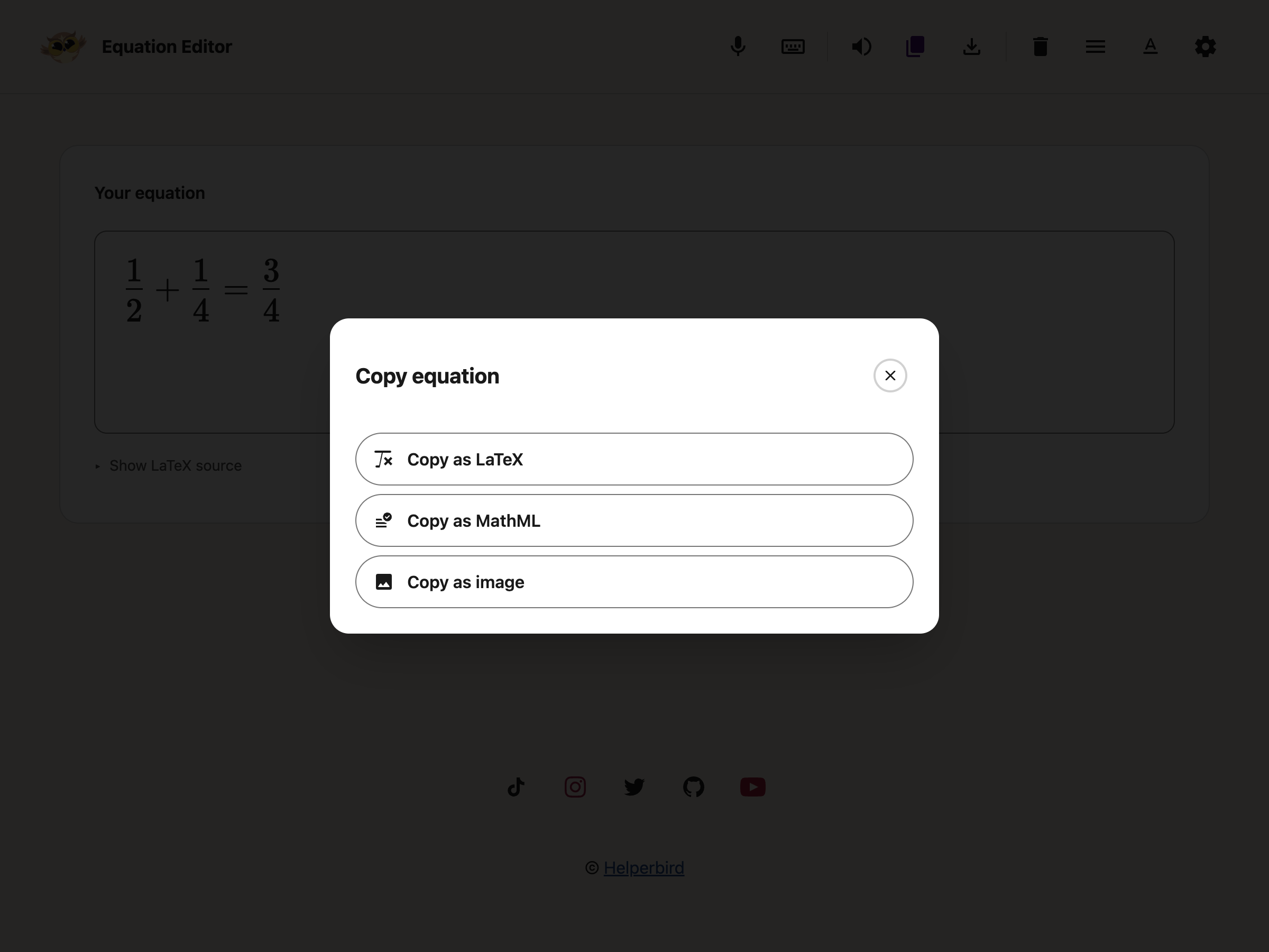 Copy equation dialog with LaTeX, MathML and image choices