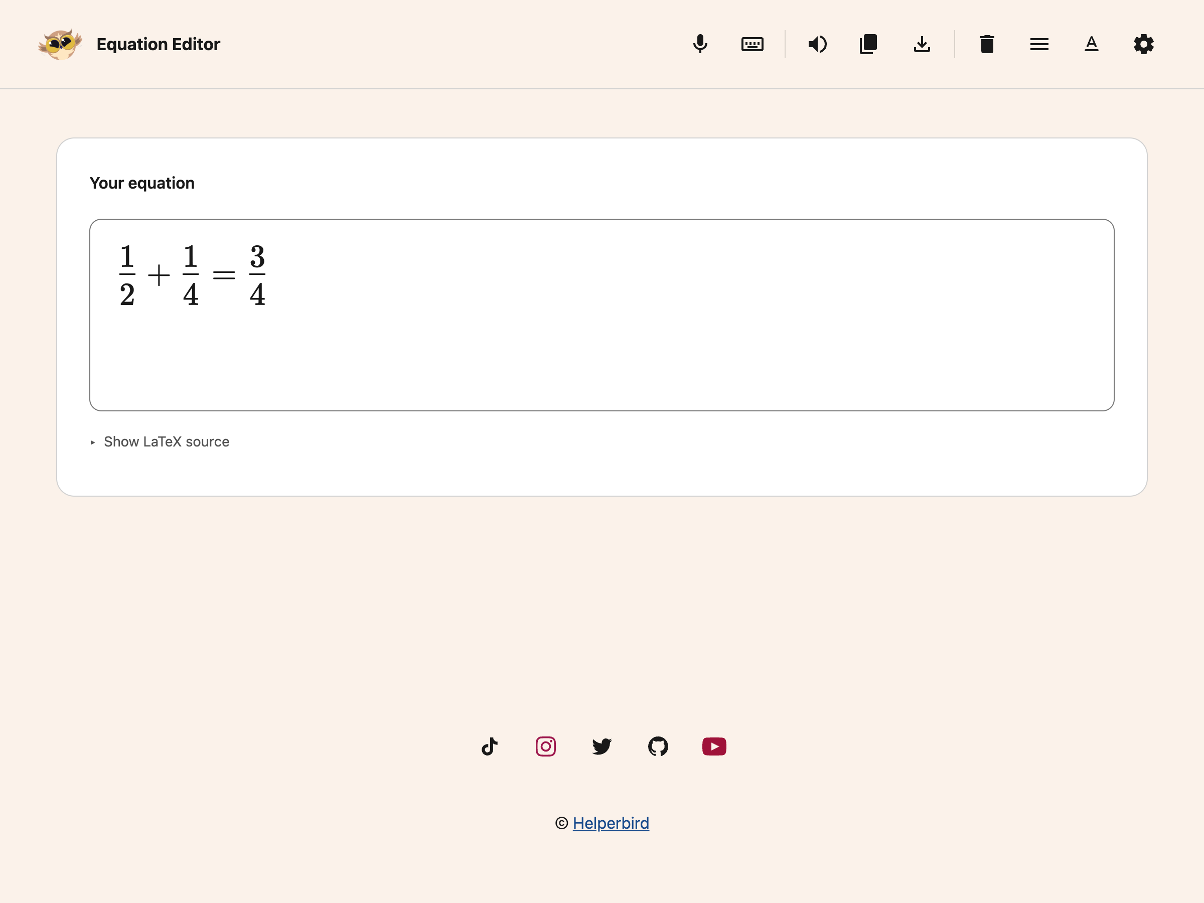 One half plus one quarter equals three quarters in Equation Editor