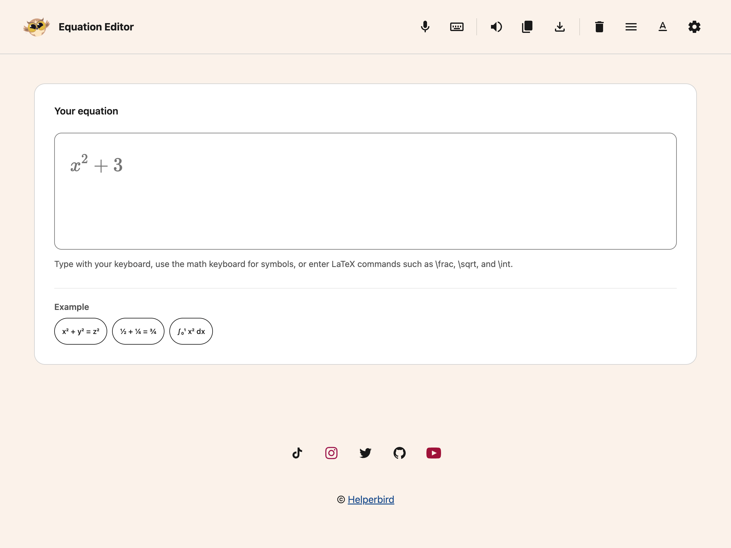 Equation Editor with an empty equation field and three examples