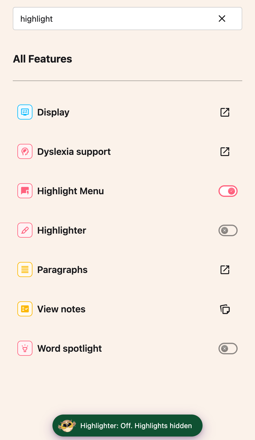 Highlighter switched off with the confirmation Highlighter: Off. Highlights hidden