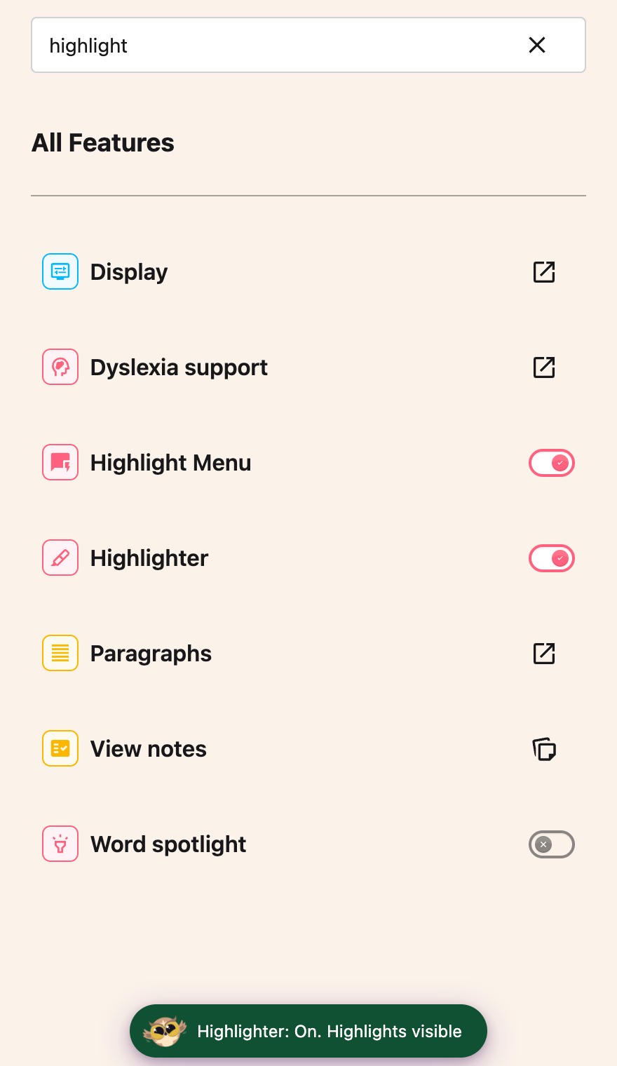 Highlighter switched on with the confirmation Highlighter: On. Highlights visible