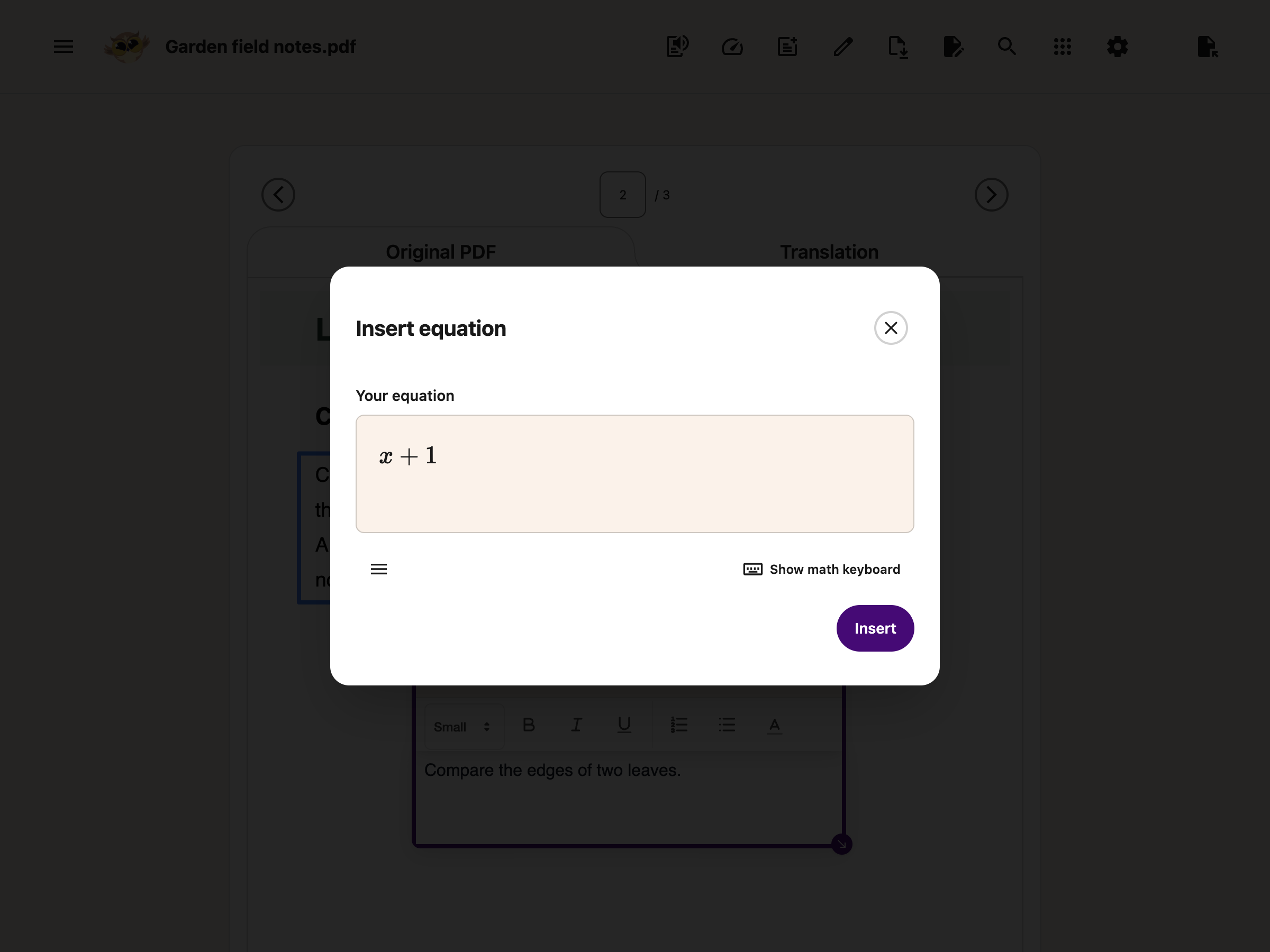 The Insert equation dialog showing x plus 1