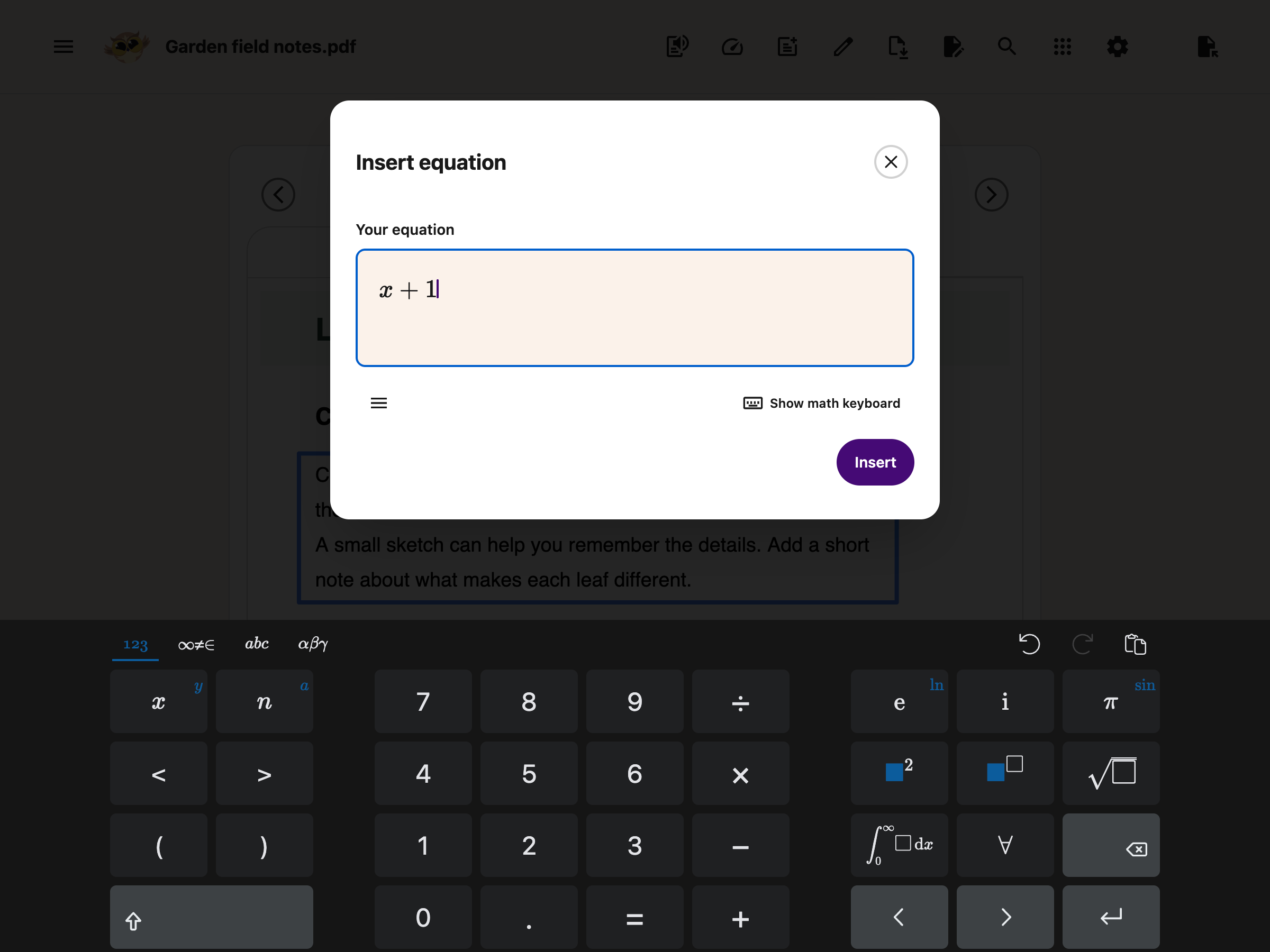 The Insert equation dialog with the full-width math keyboard open below it