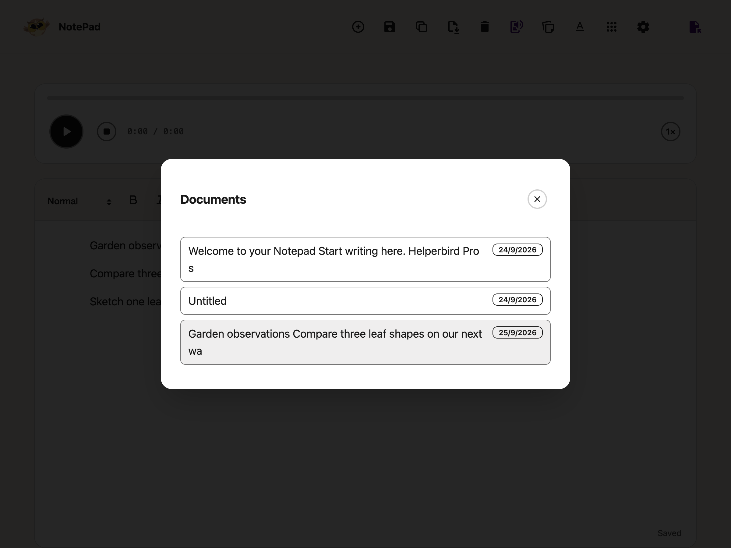 Documents dialog listing saved NotePad documents