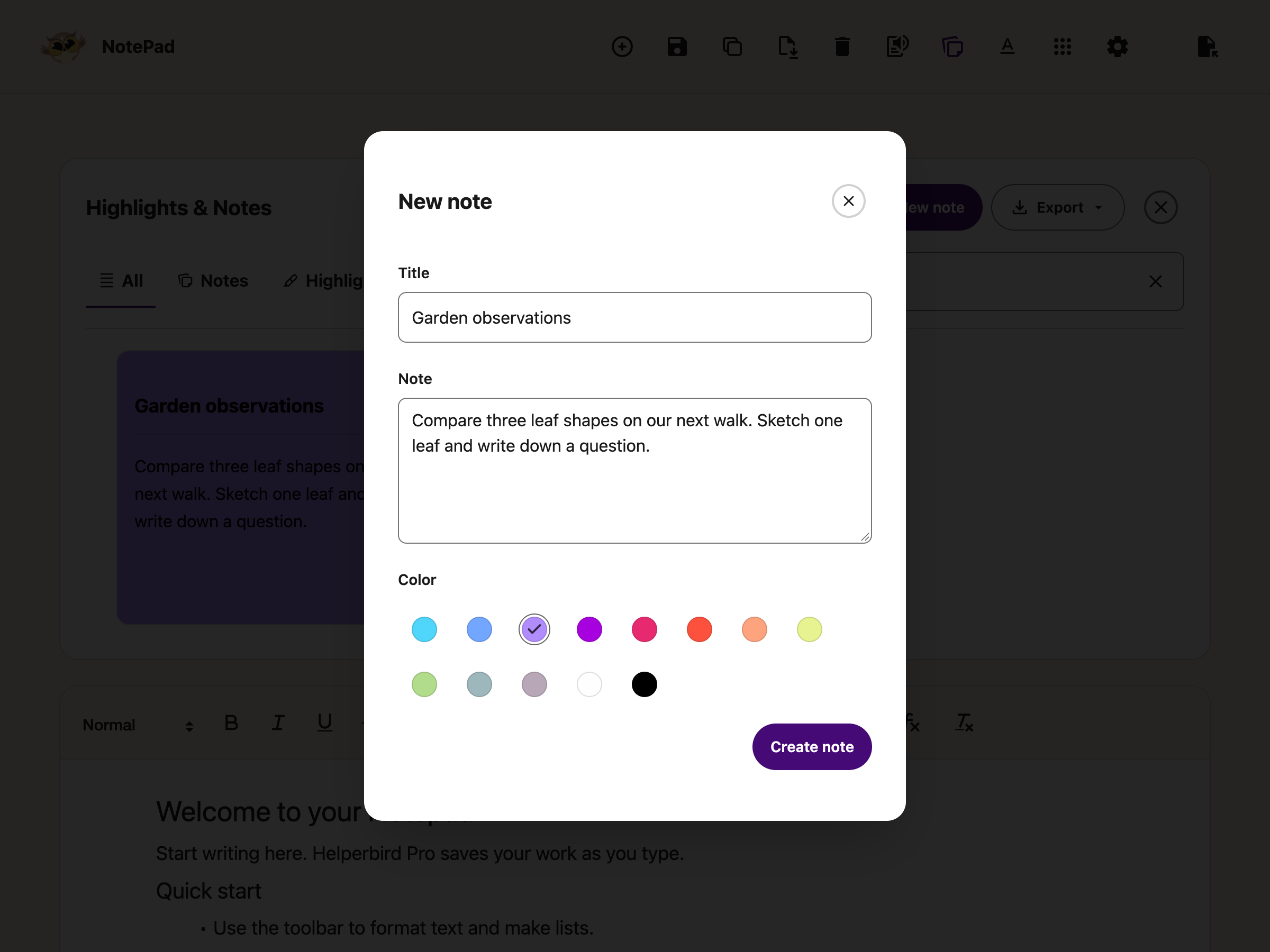 New note editor with Title, Note, Color and Create note