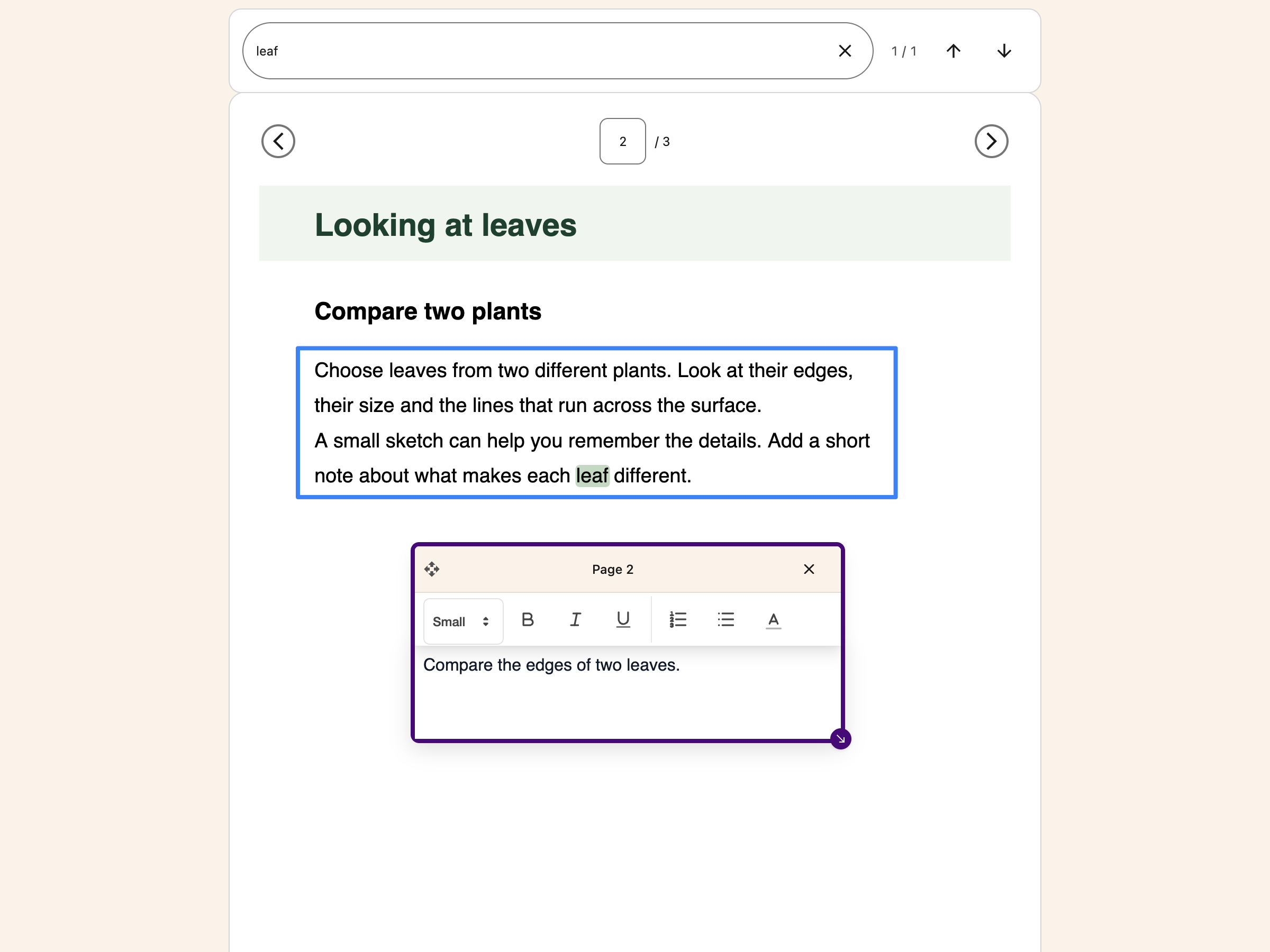 Search results highlighted on the current PDF page, with a match counter and navigation buttons