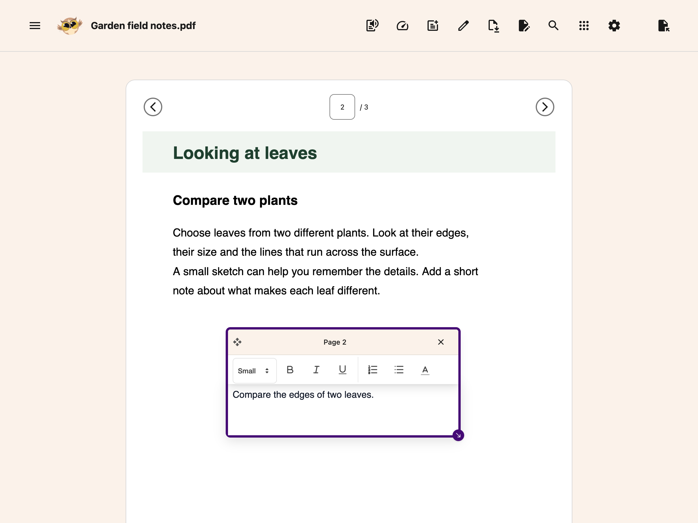 An editable text box with a note on page 2 of a PDF