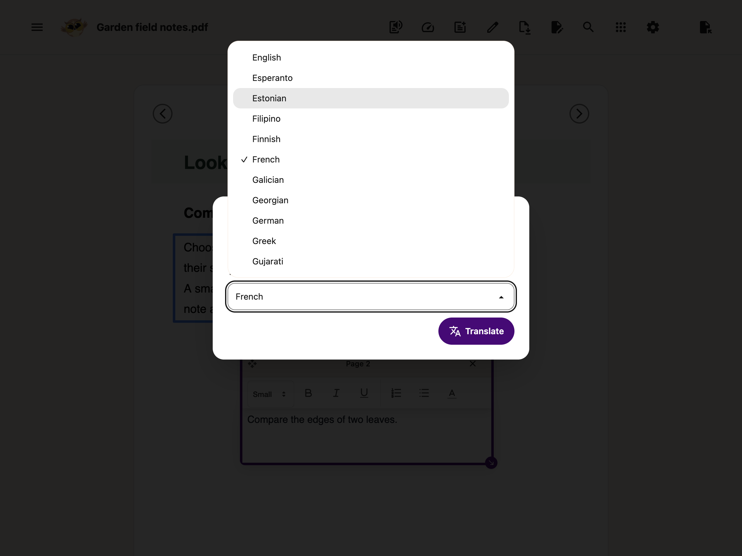 The Translate page 2 dialog with French selected