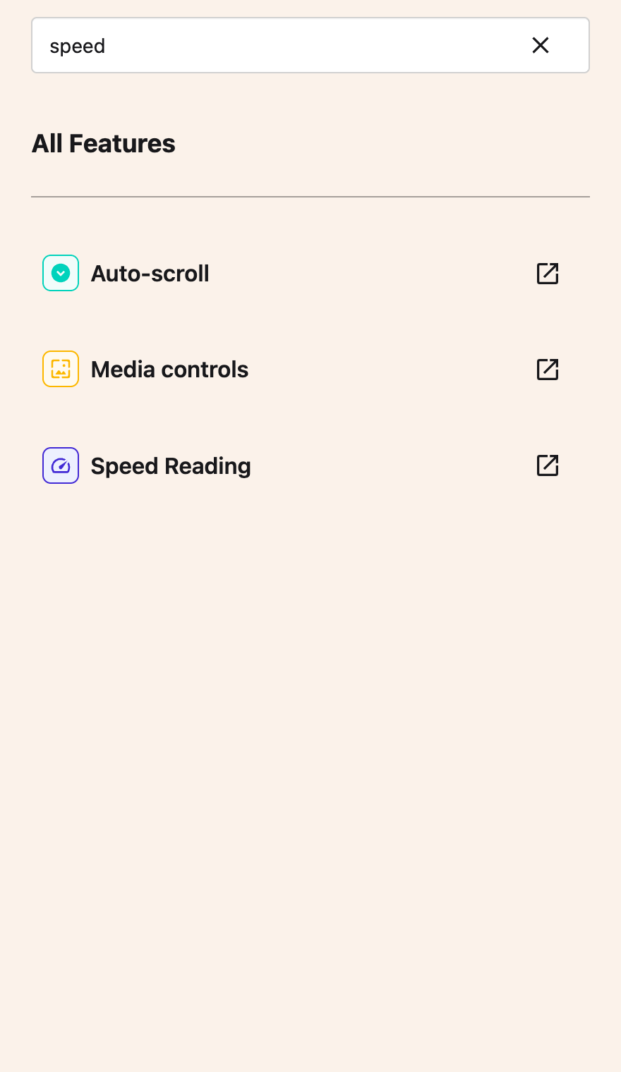 All Features search results with Speed Reading and its open button
