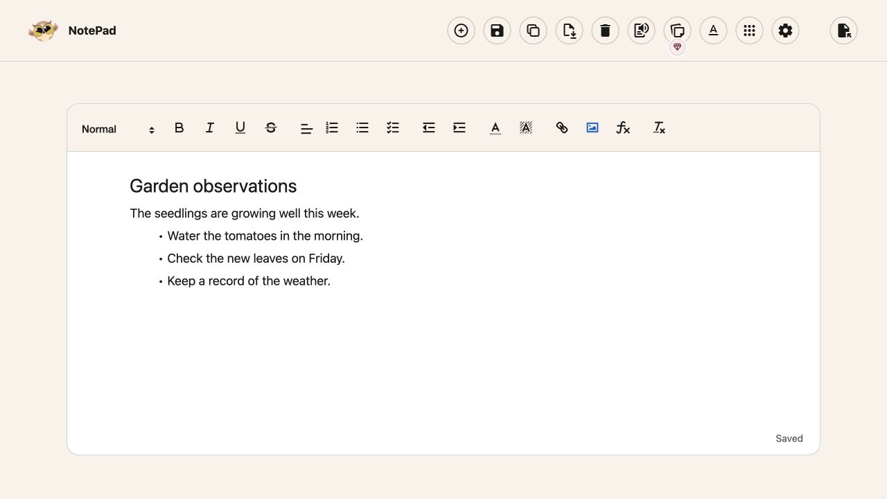 NotePad toolbar above a sample document