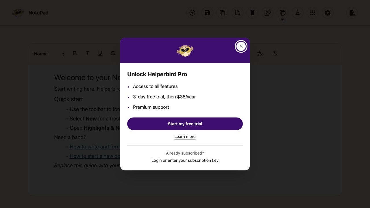 Unlock Helperbird Pro dialog with trial pricing, Start my free trial, Learn more, and subscription key access