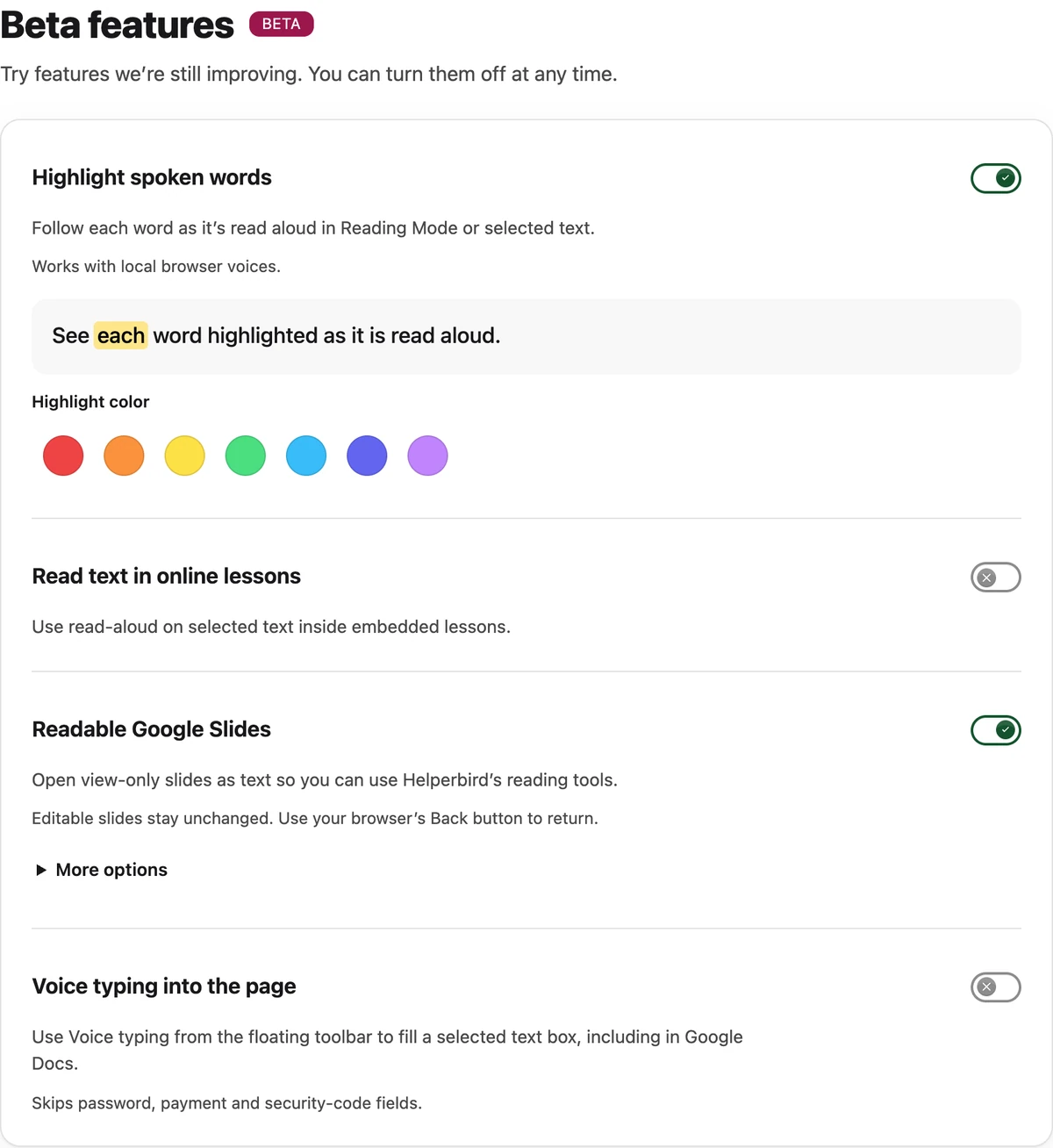 Beta features with the Readable Google Slides setting enabled.