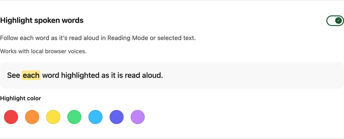 Highlight spoken words with its preview sentence and color choices.