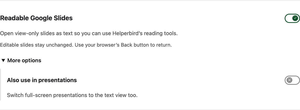 Readable Google Slides with More options expanded and Also use in presentations switched off.