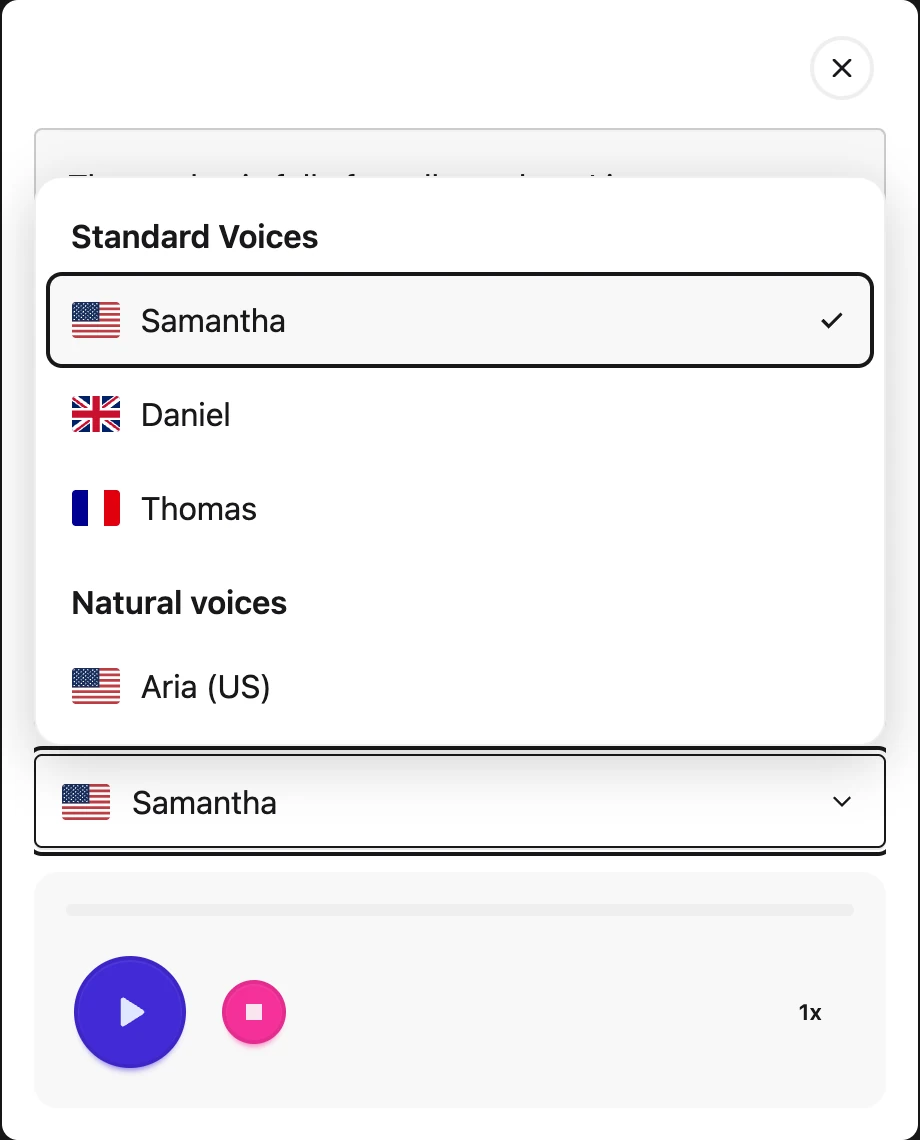 The voice picker showing Standard Voices and Natural voices, including Aria (US).