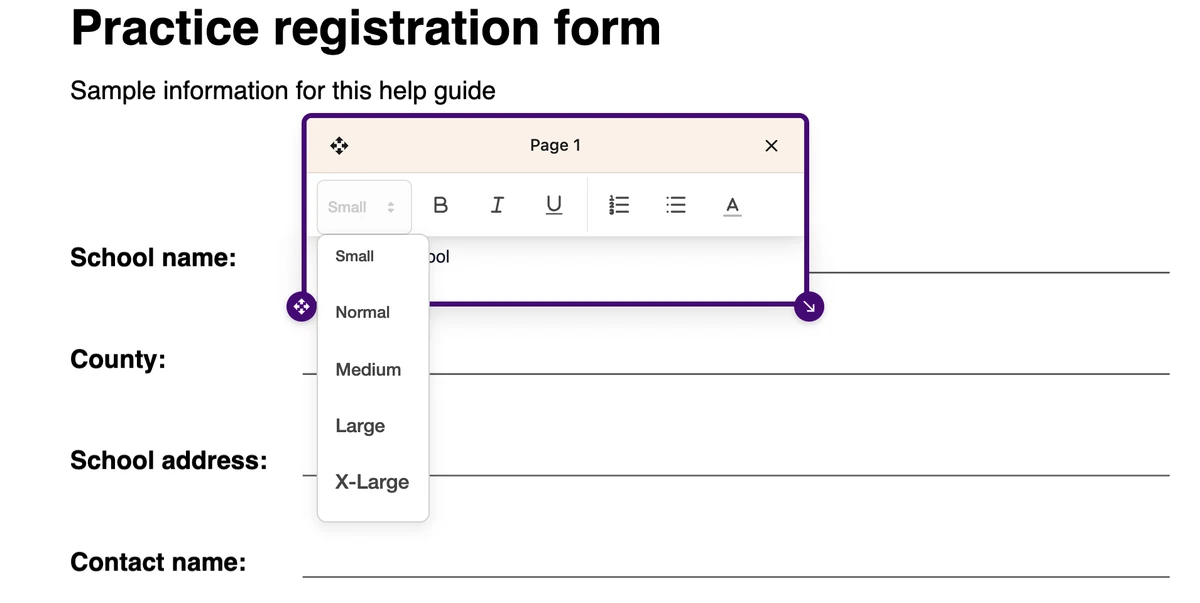 A PDF answer box with its text-size menu open.