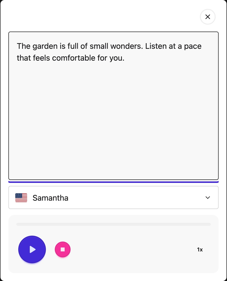 Read Aloud with a sample passage, voice choice, and playback controls.