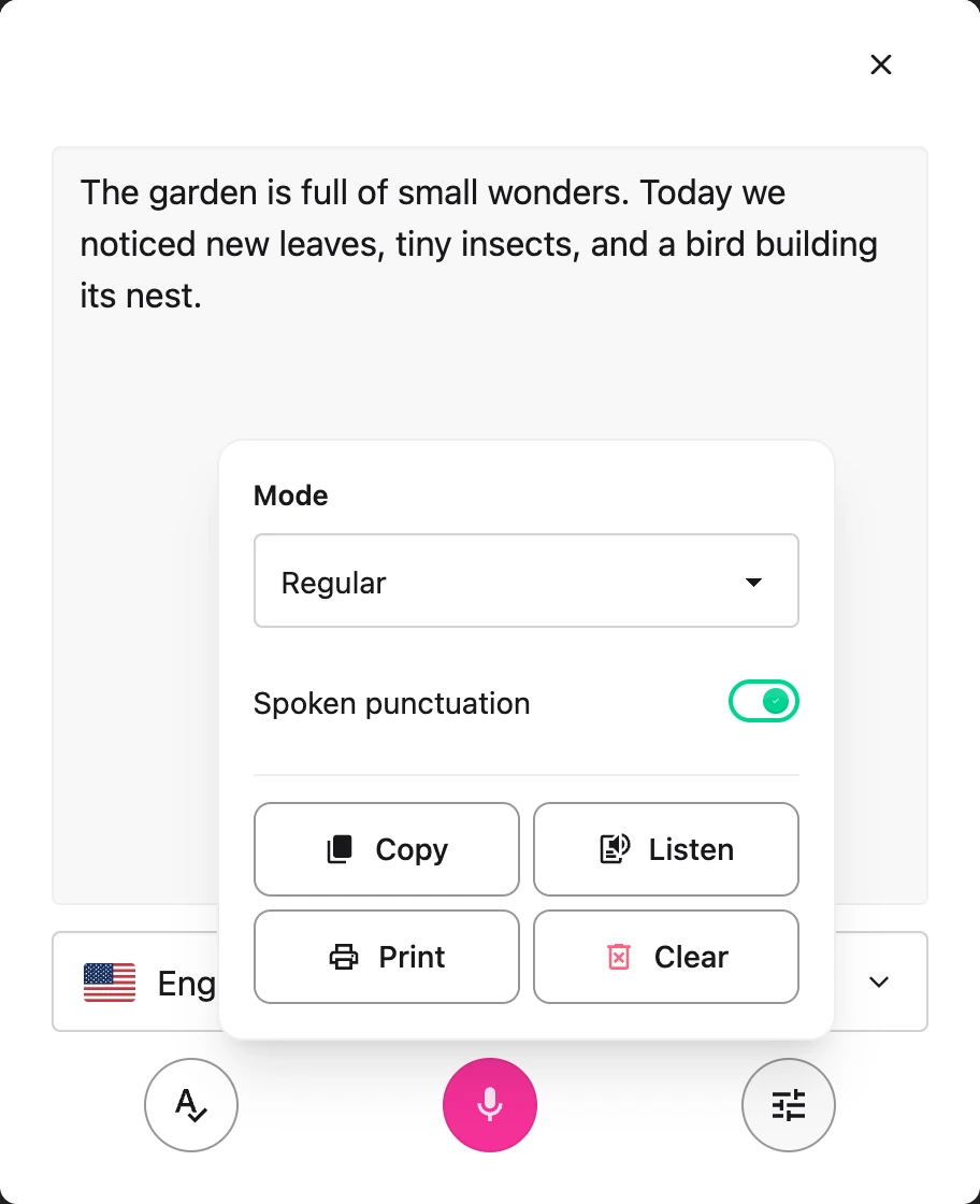 Voice typing Options with the Mode menu, Spoken punctuation, and draft actions