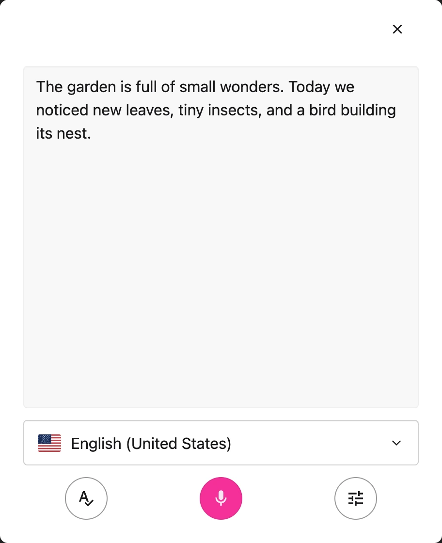 Voice typing with a sample draft, language selector, and three compact controls.