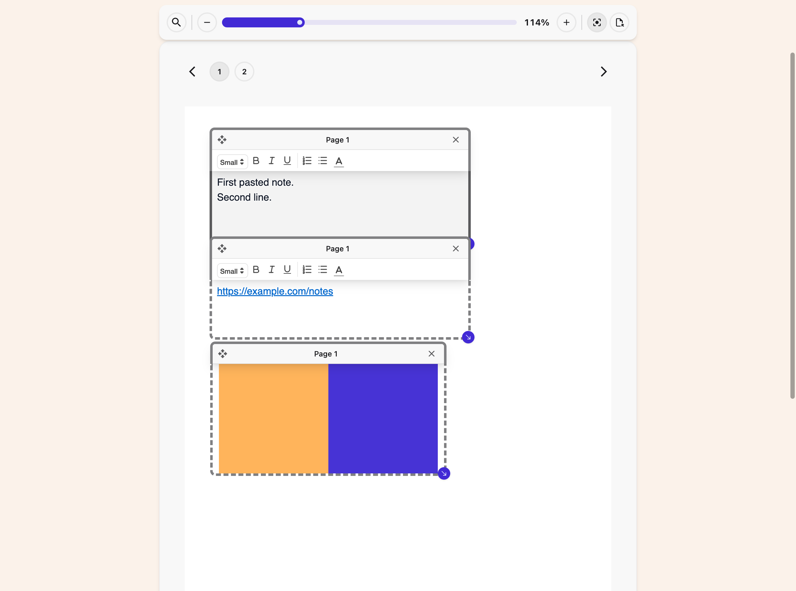 Pasted text and an image in separate movable boxes on a PDF page