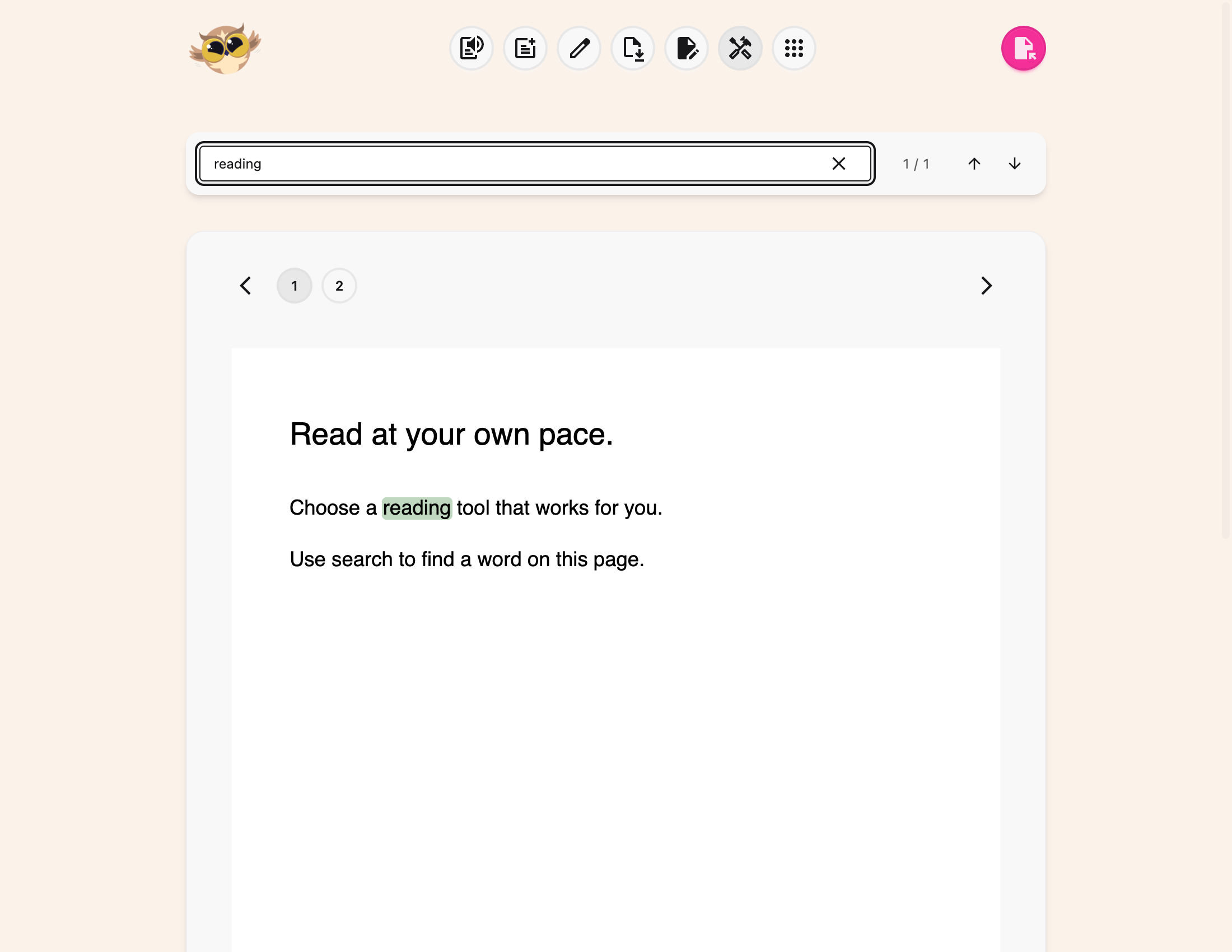 Search results highlighted on the current PDF page, with a match counter and navigation buttons