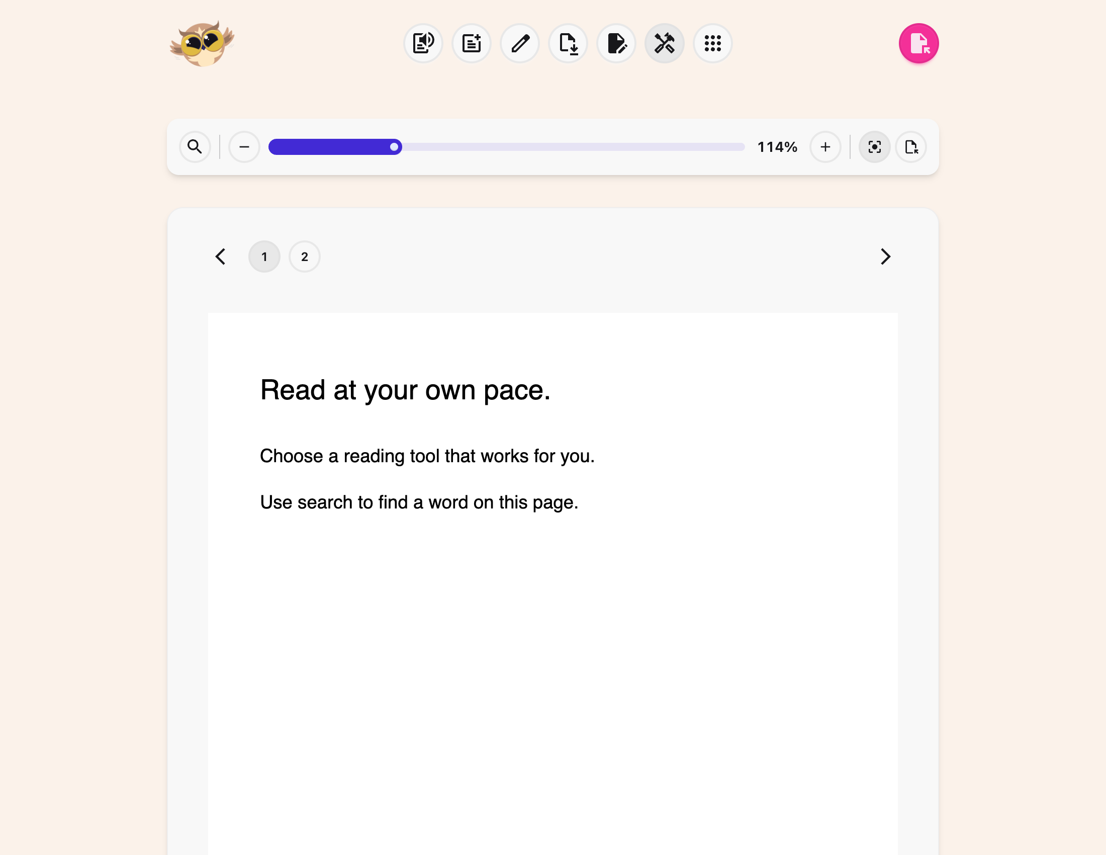 The PDF Tools bar with Search, zoom percentage, minus and plus buttons, Fit width and Fit page