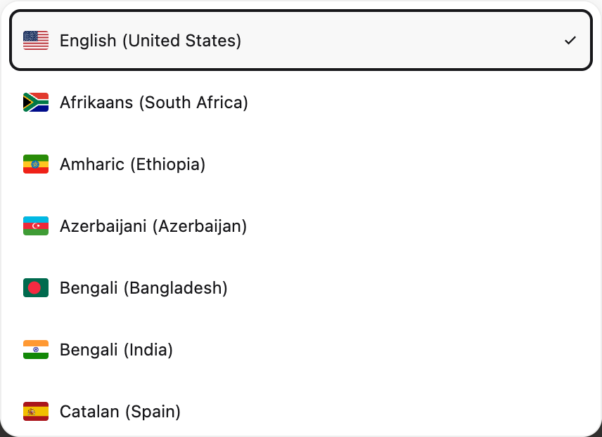The Voice typing language menu, offering more than ninety languages and regional variants