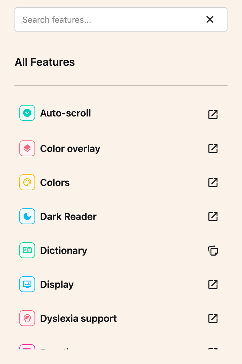 The Helperbird popup with the search box open, ready for a feature name