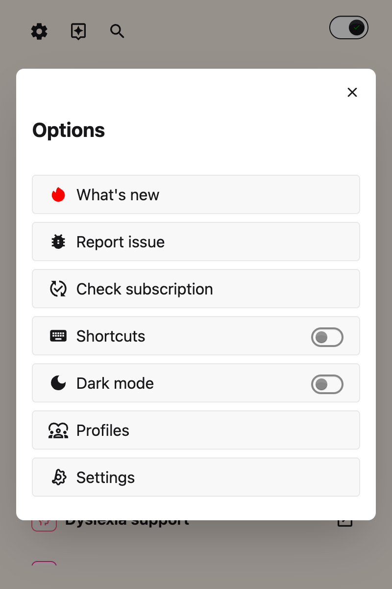 The Helperbird Options list showing What's new, Report issue, Check subscription, Shortcuts, Dark mode, Profiles and Settings