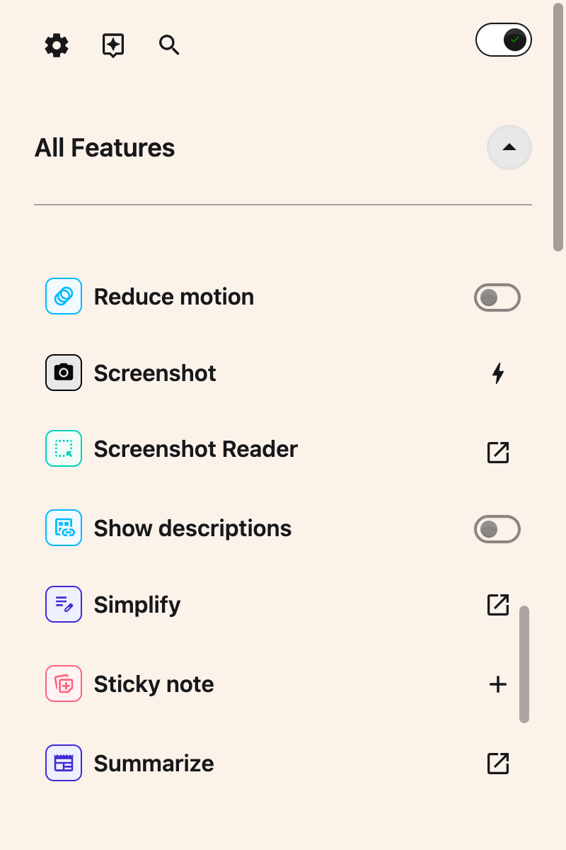 The All Features list scrolled to show the Show descriptions row and its toggle