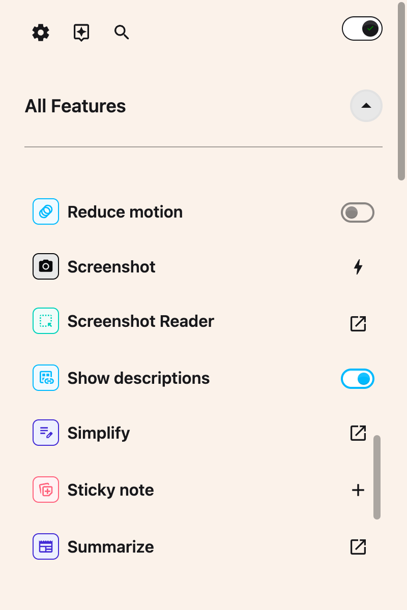 The Show descriptions toggle switched on in the All Features list