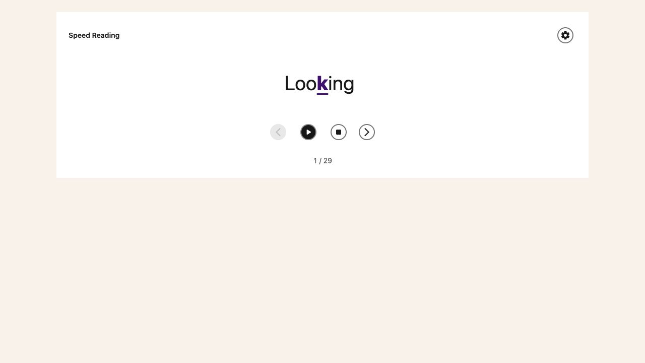 Speed Reading paused on the first word with Play, Stop and word navigation controls