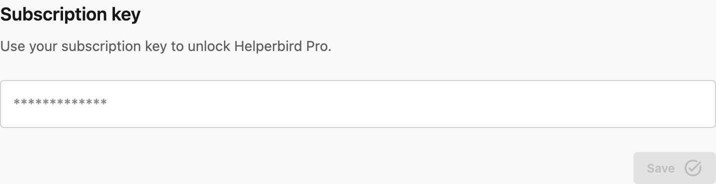 The Subscription key section of the Helperbird settings page, with the key box and Save button