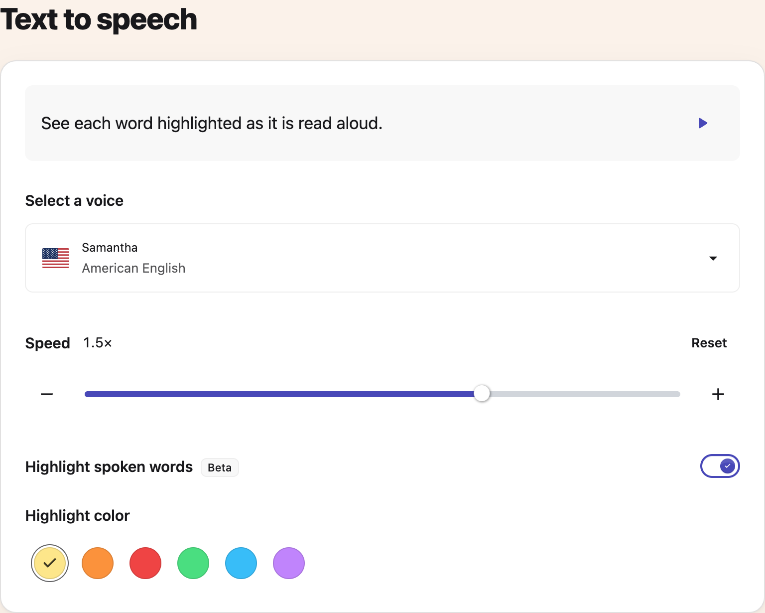 Text to speech settings with a live sample, one voice picker, speed and highlight colors
