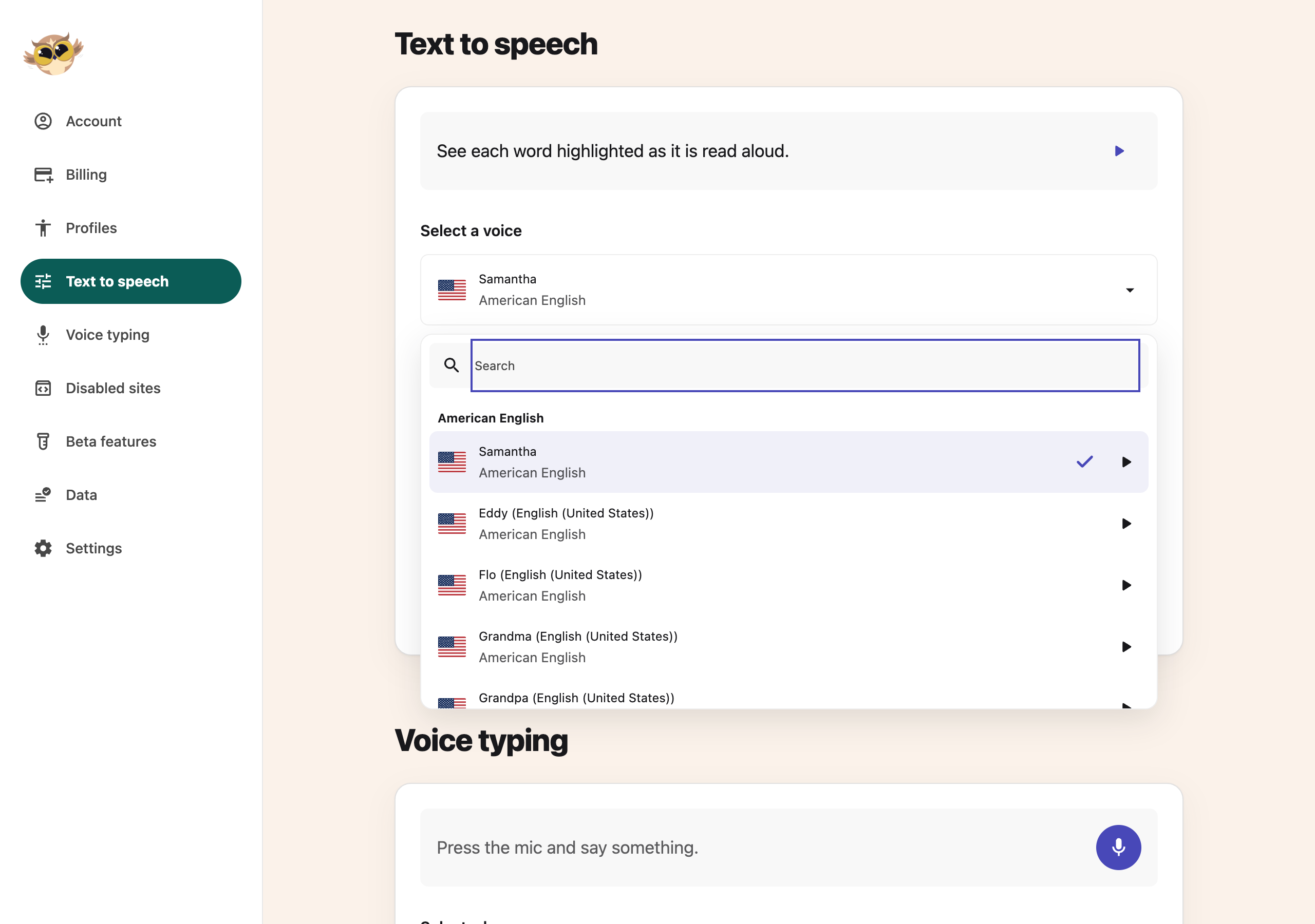 Open voice picker with search, language groups, flags and a play button beside each voice