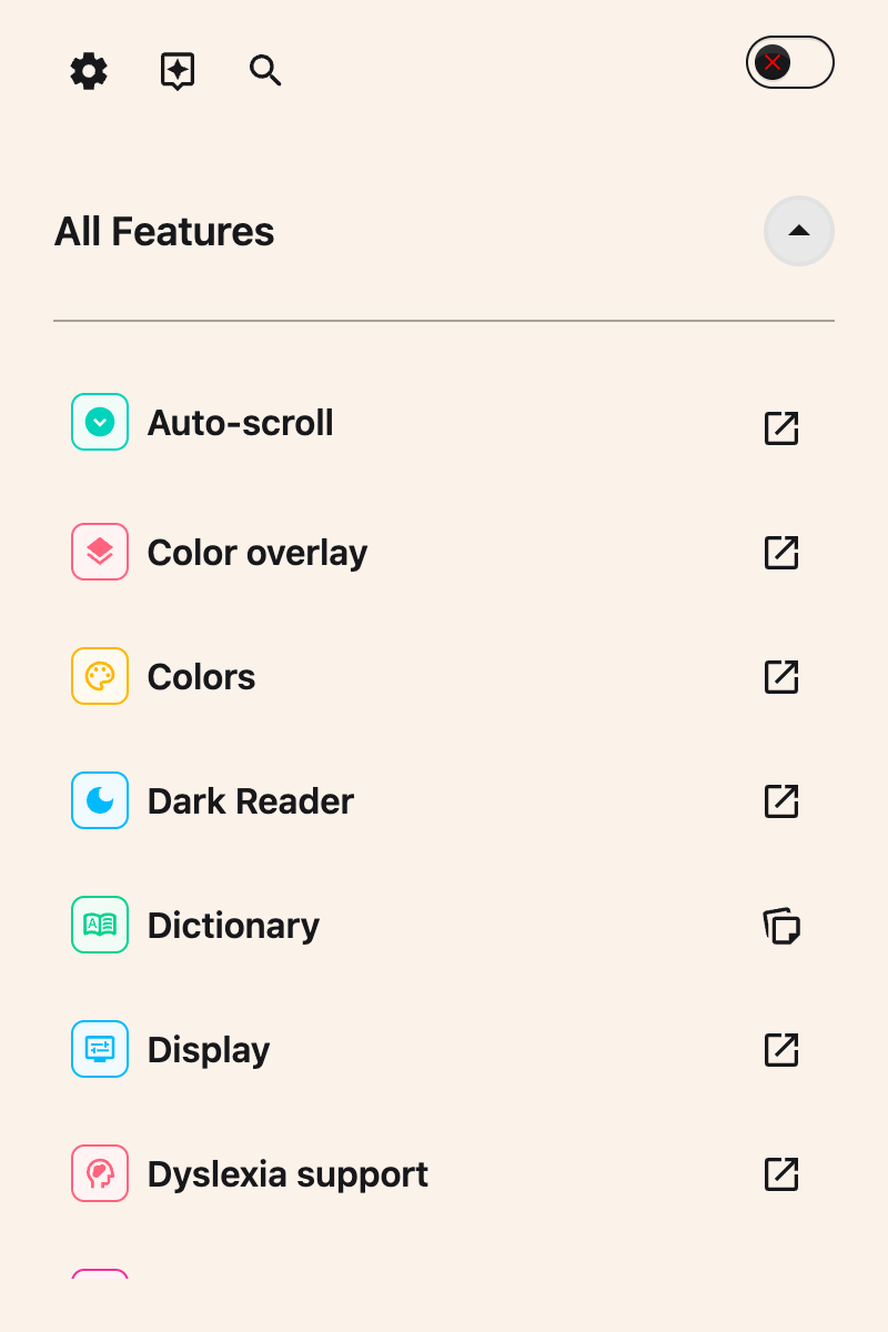 The Helperbird popup with Helperbird switched off, showing the red toggle in the top right