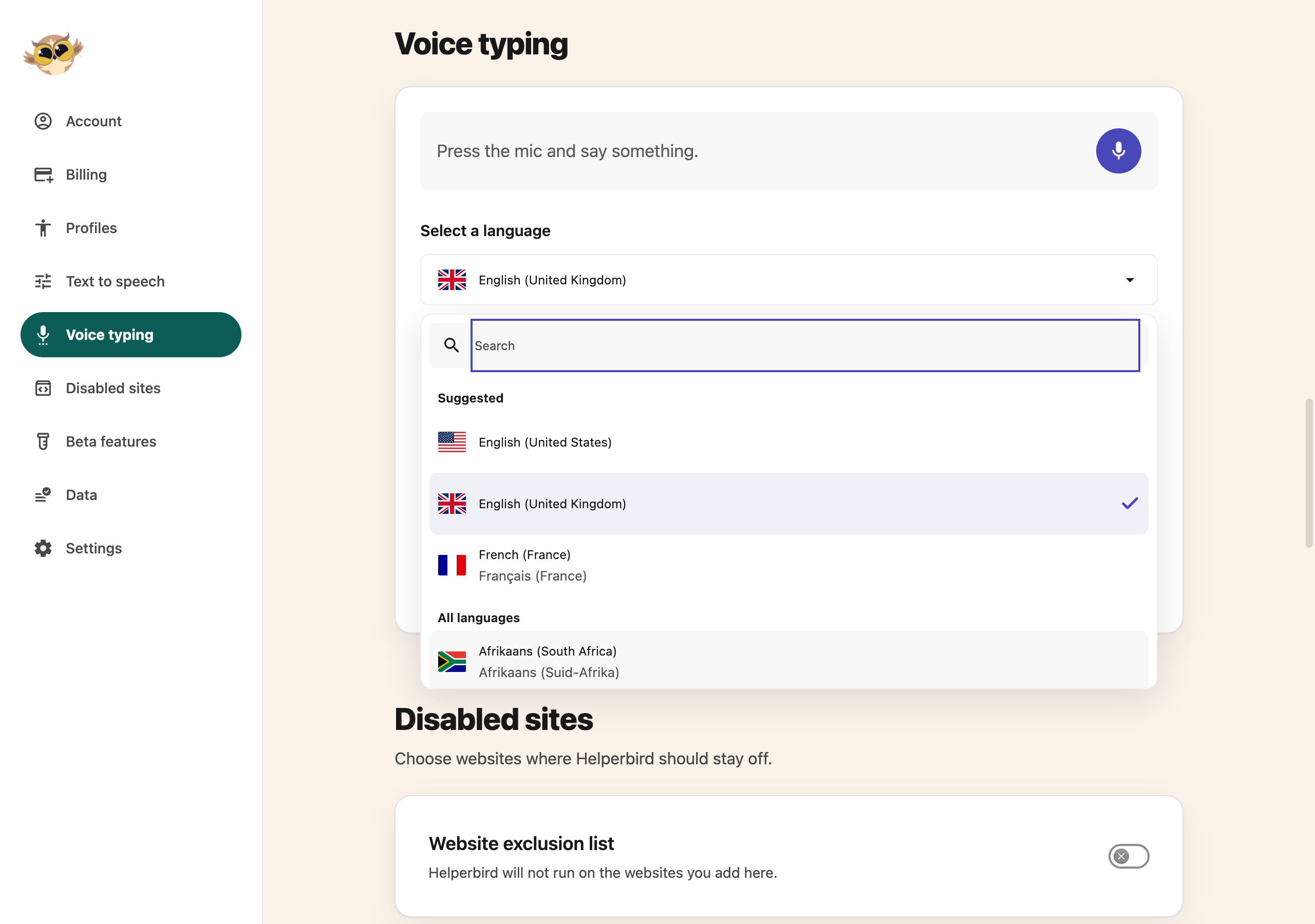 The Voice typing language picker with Suggested and All languages groups