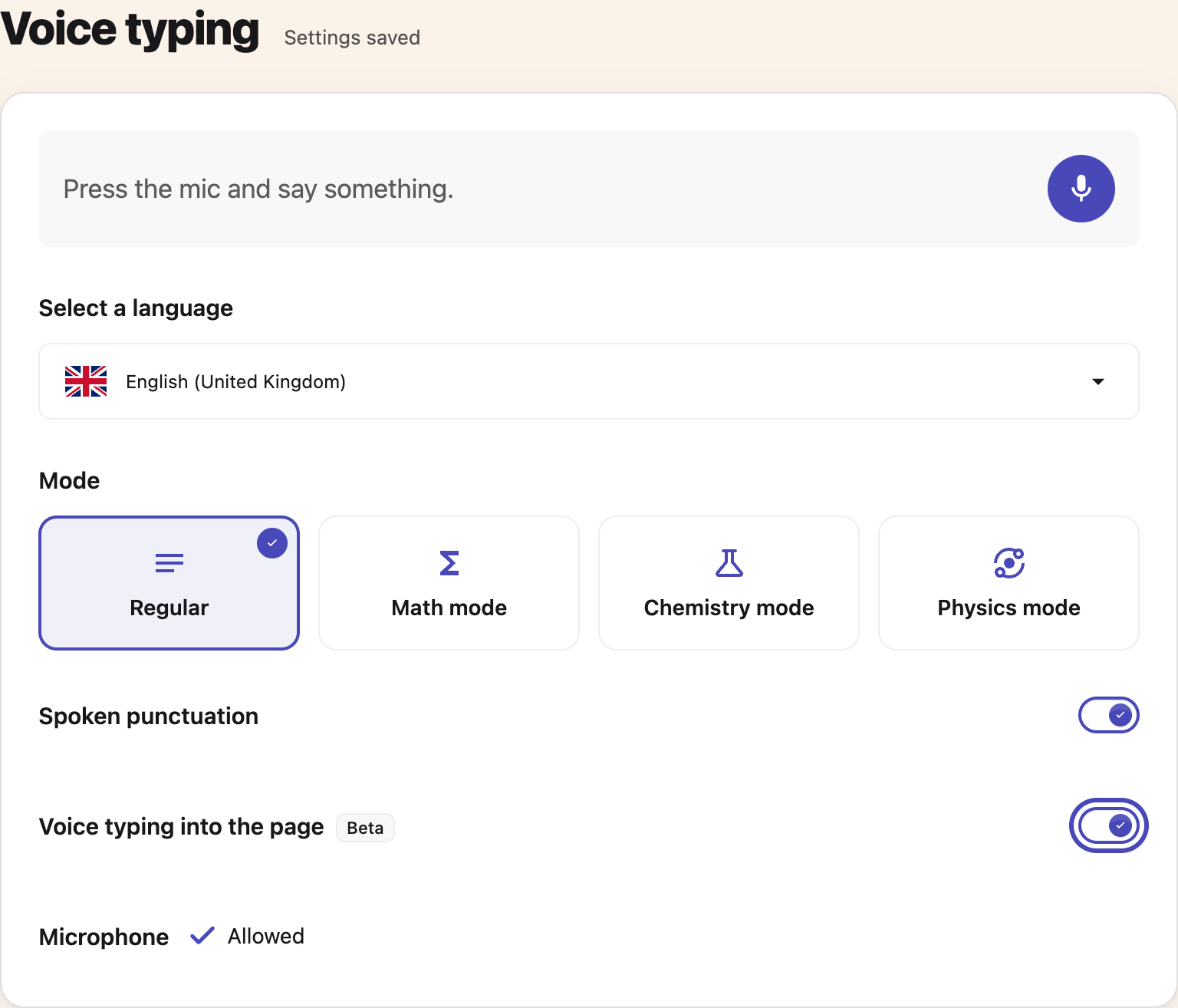 Voice typing settings with its language picker, mode cards and microphone status
