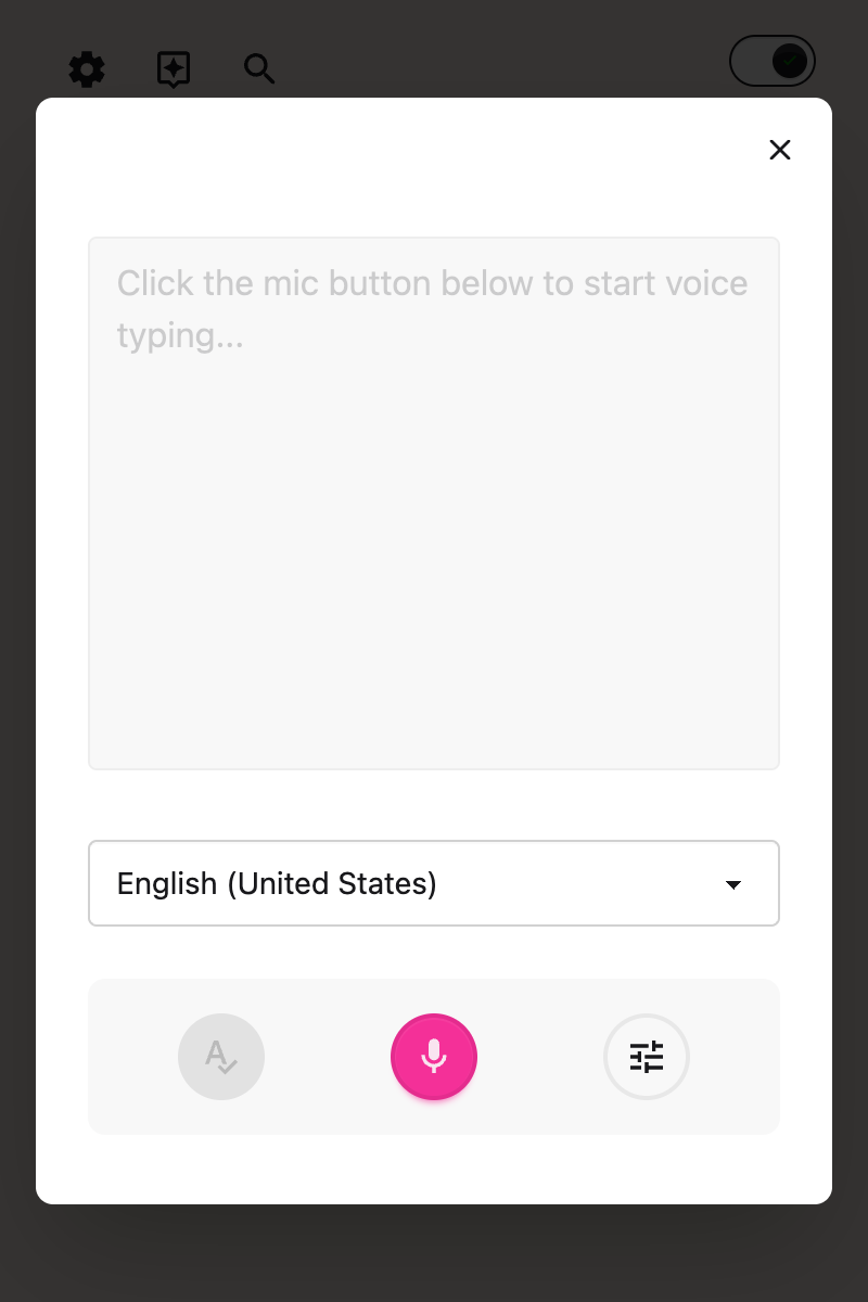 The Voice typing panel open in the Helperbird popup, with the language menu and Speak button