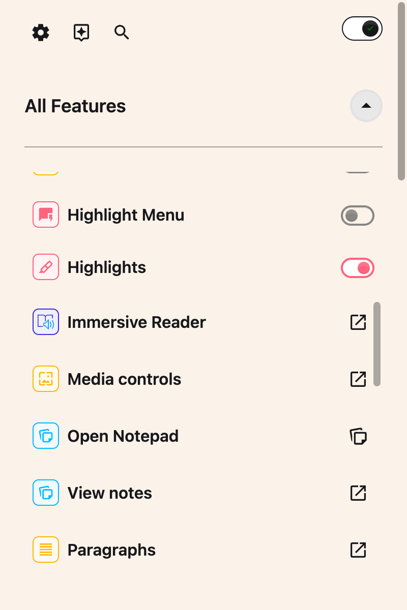 The All Features list scrolled to show the Media controls row and its Open button