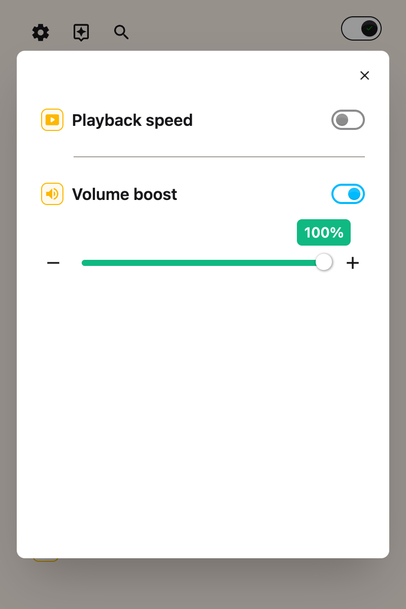 The Volume boost toggle switched on in the Helperbird popup